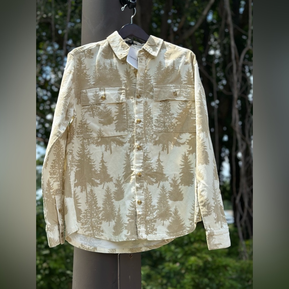 Forever 21 Mens Corduroy Shirt Woodland Trees Forest Beige - Size S Small